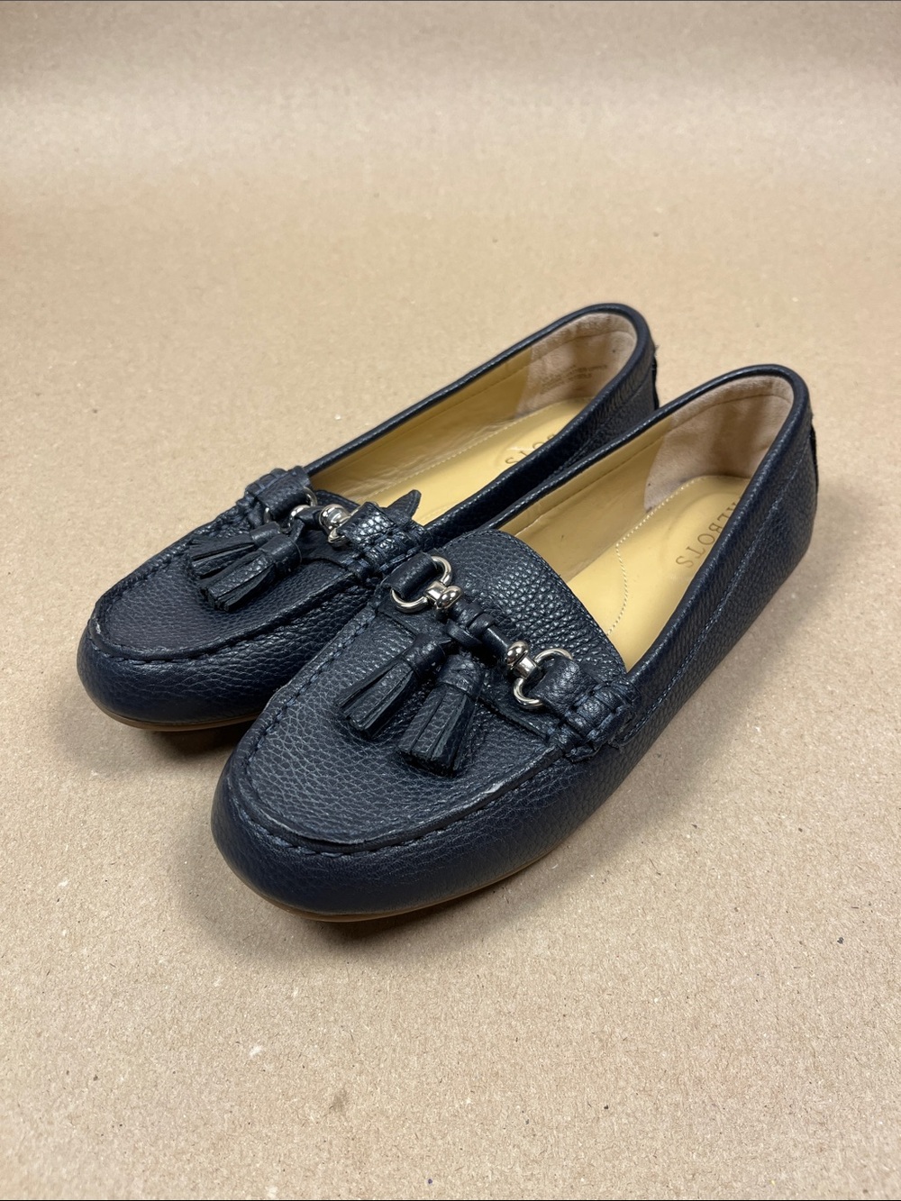 Talbots Navy Pebbled Leather Tassel Loafer Flat 6.5 Quiet Luxury Old Money